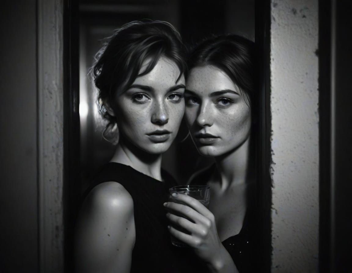 dark arts film noir deep shadows black and white photography full body tiger lily young 30ish ginger hair freckled cross...