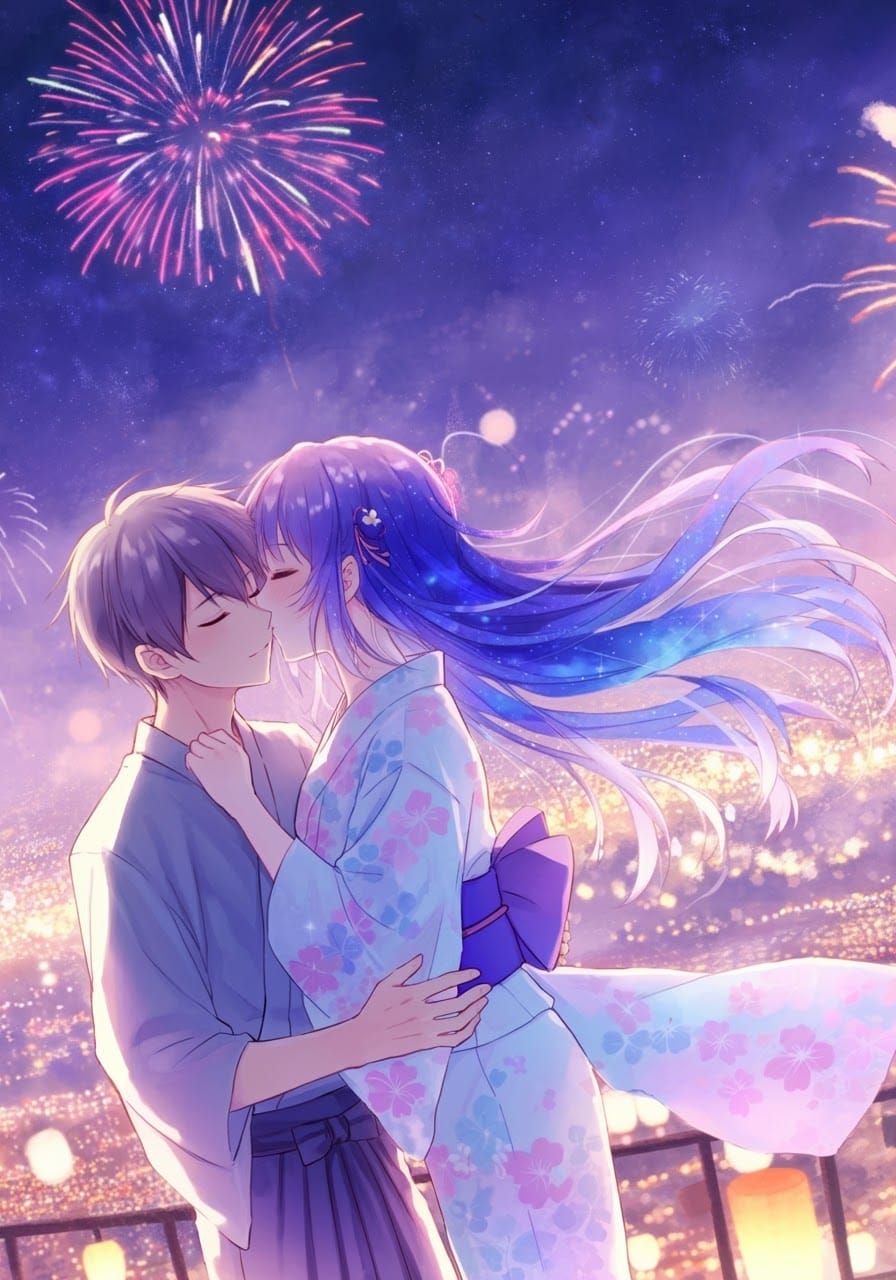 Anime Fireworks Festival Kiss in Pastel Style