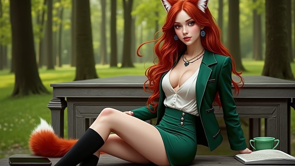 Slavic Girl with Fox Tail in Modern Office