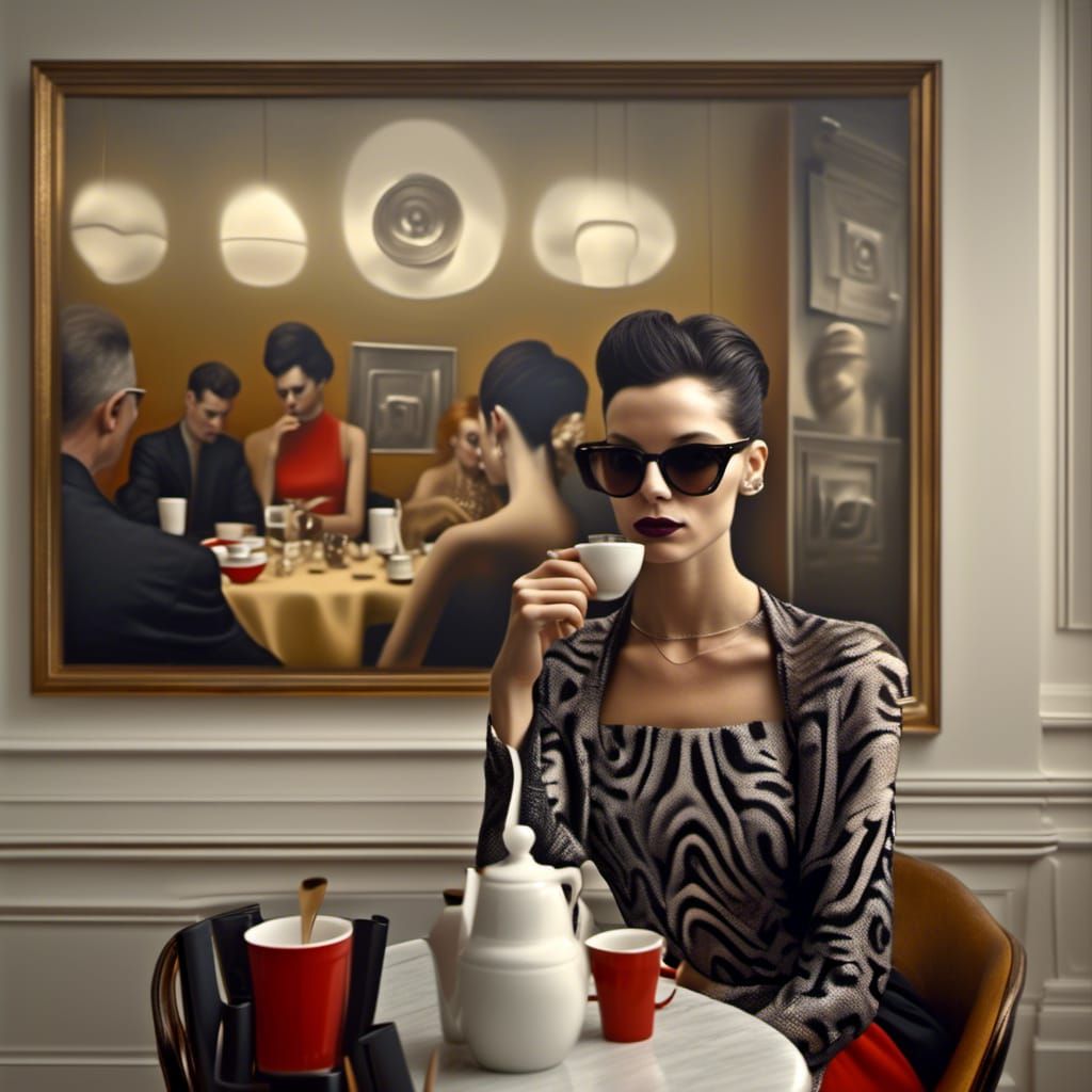 Photorealistic Portrait of Woman in Cafe with 3D Art