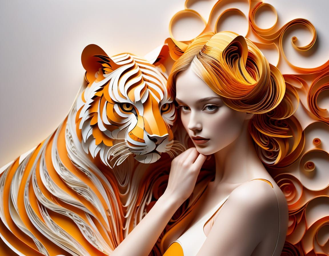 Woman and Tiger: Digital Paper Sculpture