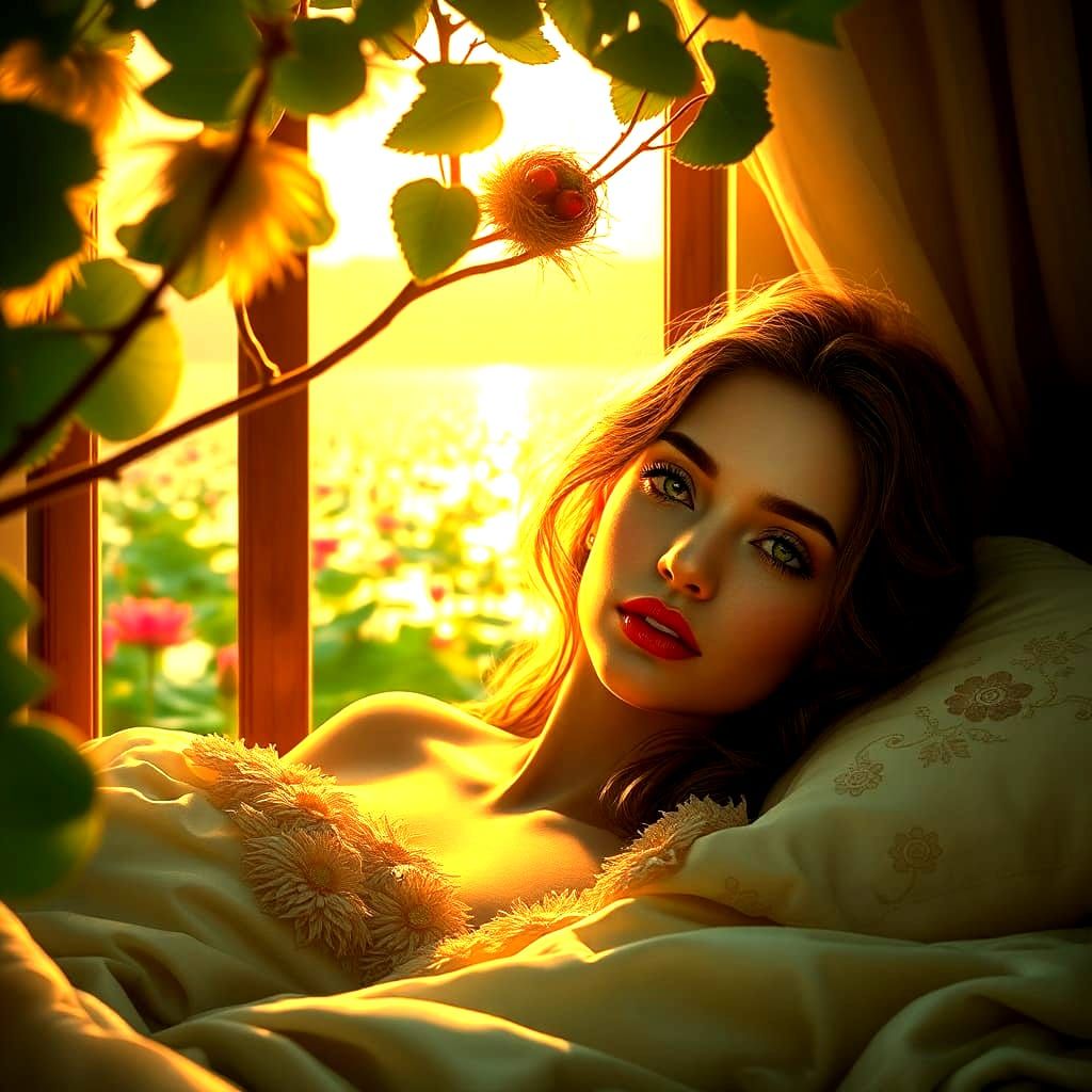 Lakeside Sunrise Bedroom Scene in Detailed Matte Painting