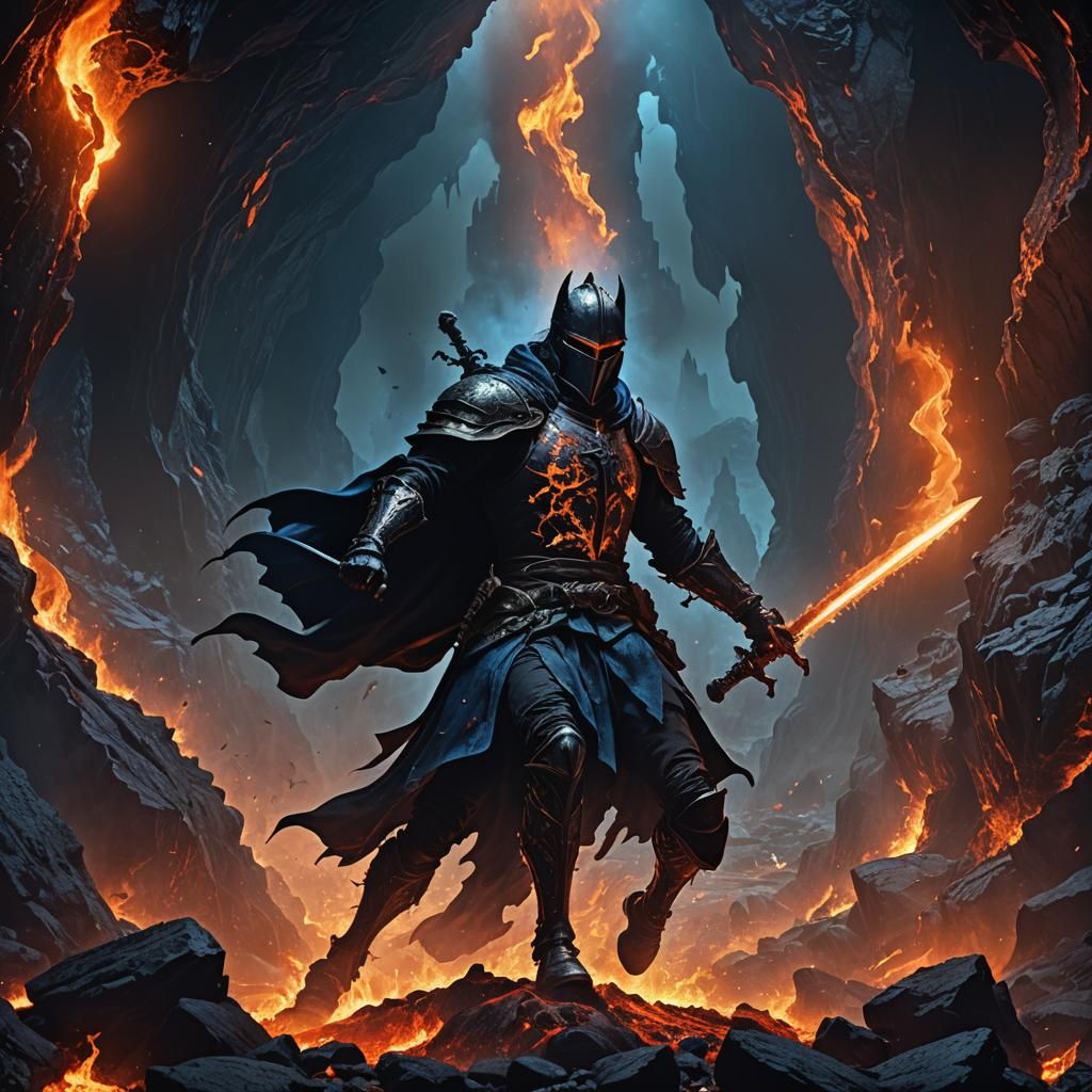 Headless Horseman Leaps Over Lava, Dark Fantasy Art