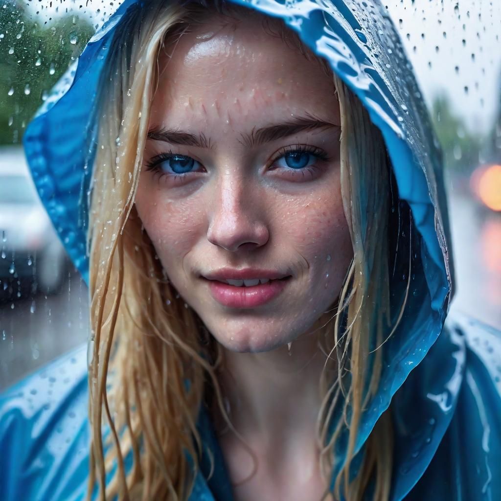 Rain-Streaked Portrait of a Young Woman in Raincoat