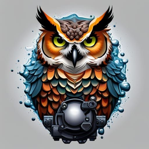 Mechanical Great Horned Owl Graffiti Art