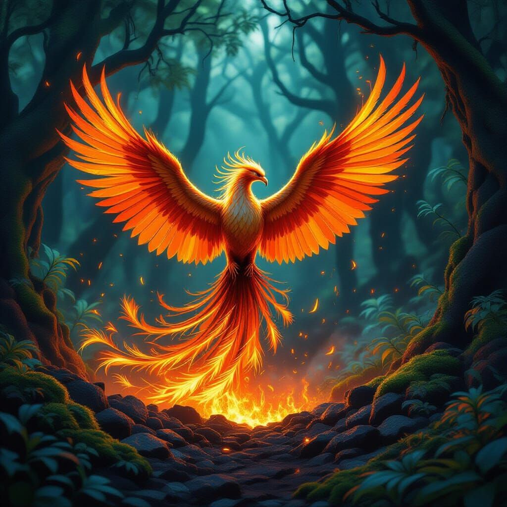 Majestic Phoenix Rises from Ashes in Bioluminescent Forest