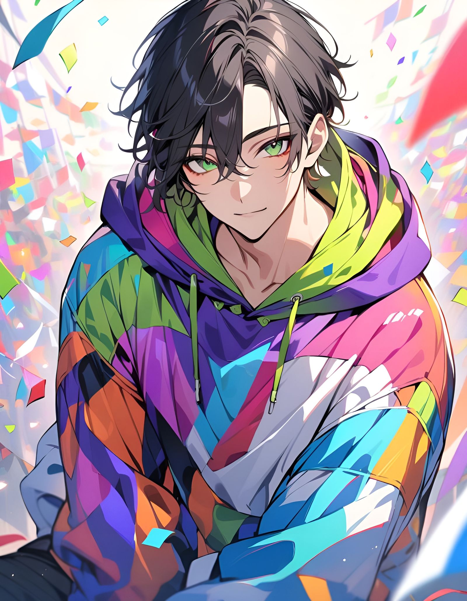 Smiling Boy with Colorful Hoodie in Vivid Confetti