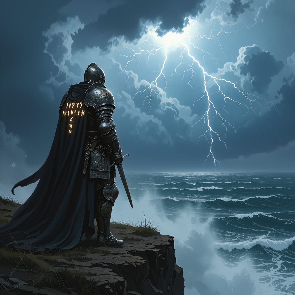Knight on Cliff Overlooking Stormy Sea