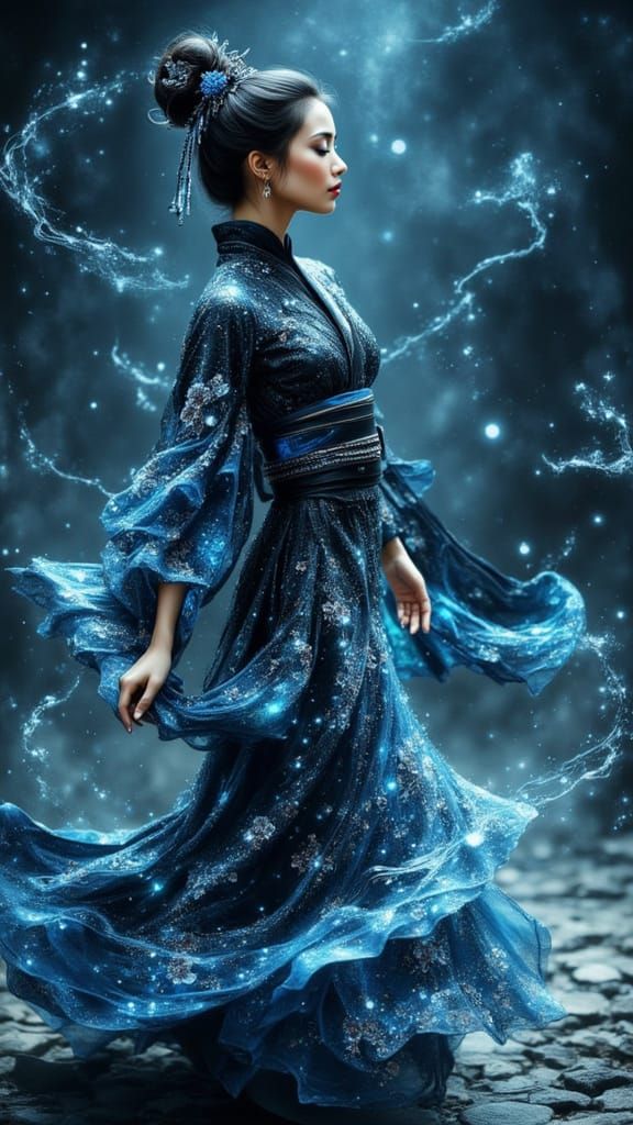 Elegant Woman in Luminescent Kimono Dancing with Magic