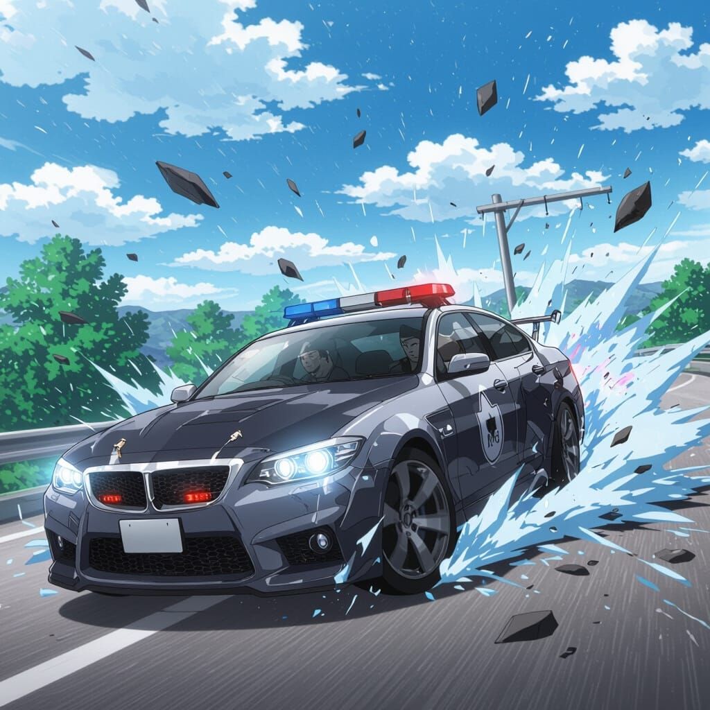 High Speed Police Car Crash in Anime Style