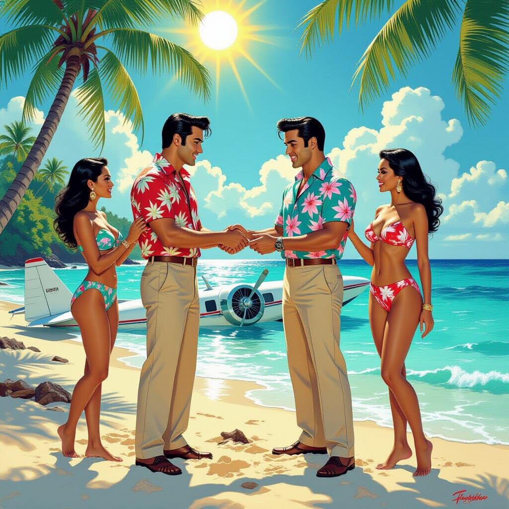 Elvis on Tropical Beach with Island Women and Crashed Plane