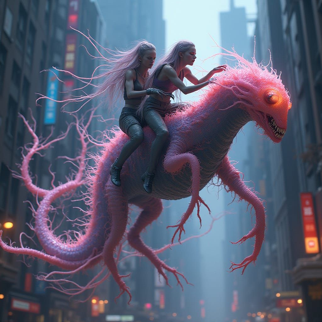 Cyberpunk Metropolis with Bio-Luminescent Creatures