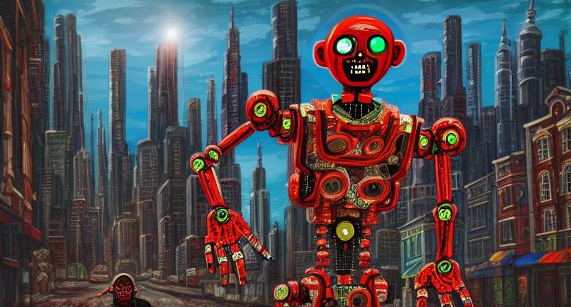 Zombie Robot in Cityscape, Folk Art Concept