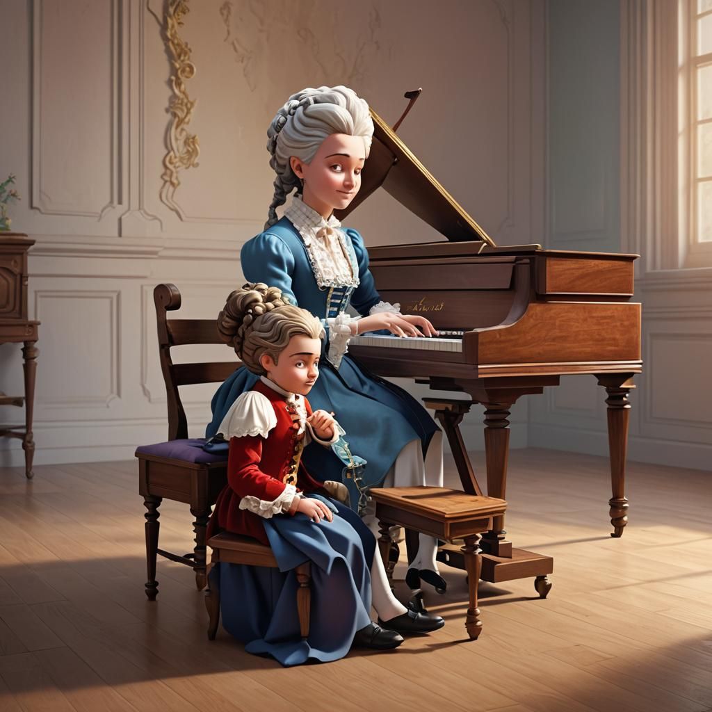 Mozart's Childhood Harpsichord Lesson in 3D Digital Art