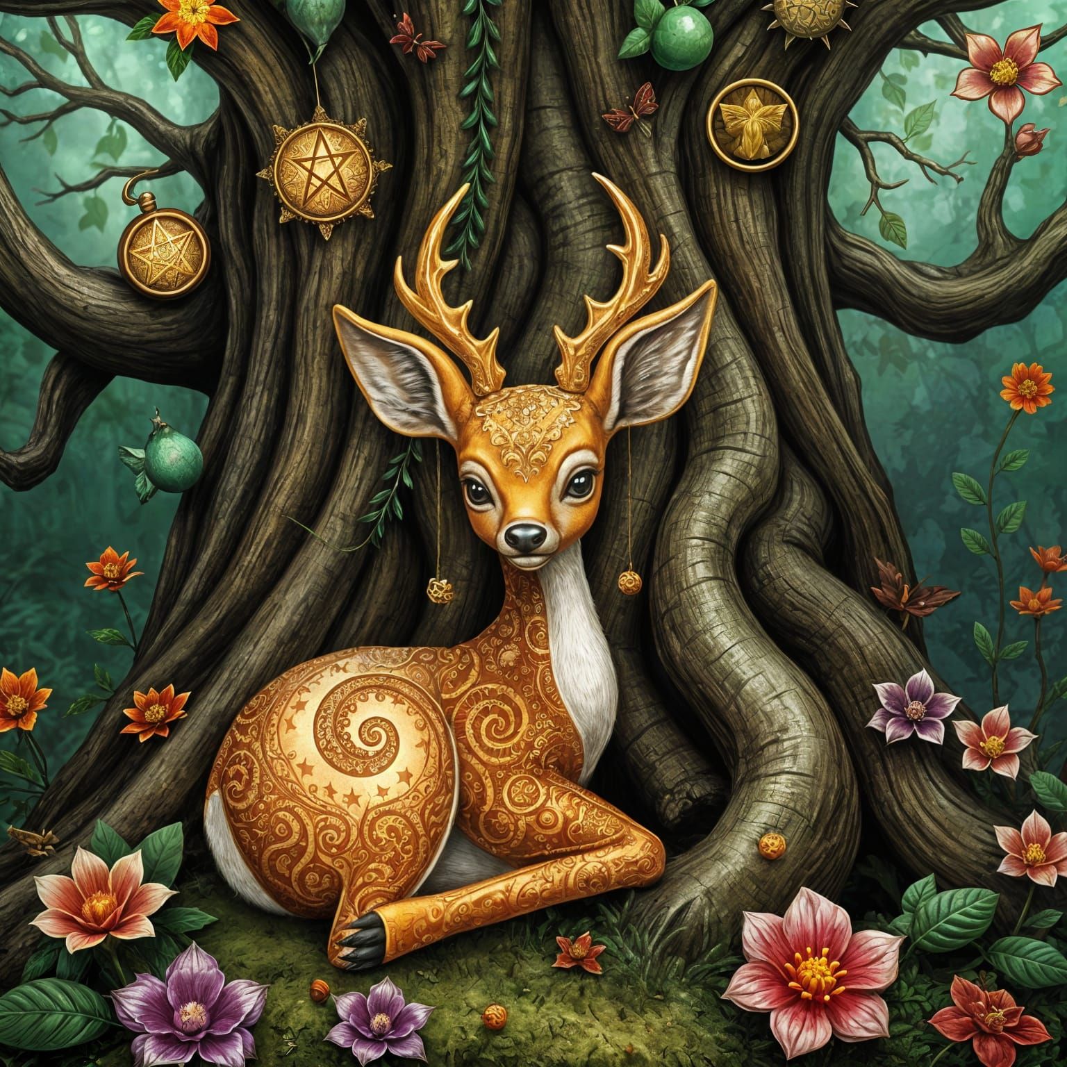 Enchanted Forest: Sparkling Fawn in Maximalist Tarot Style