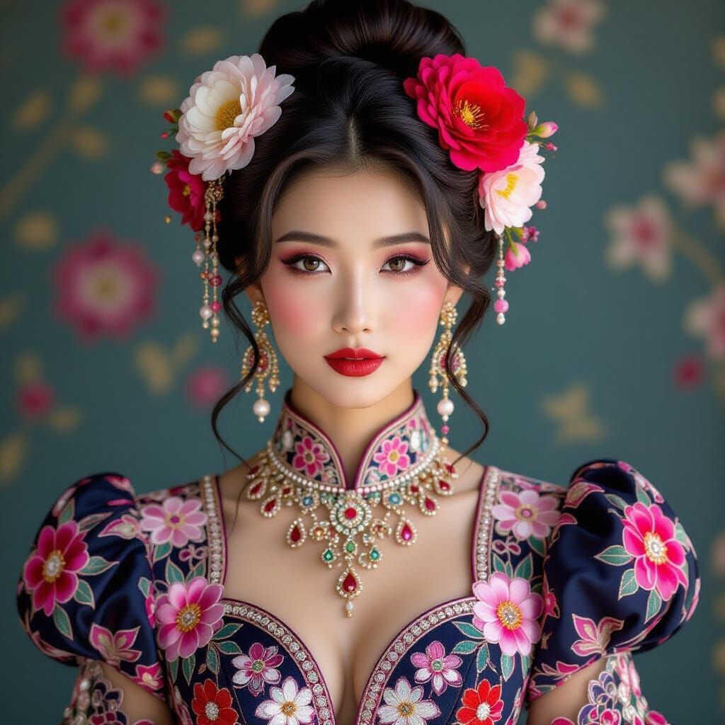 East Asian Woman in Floral Greenhouse, Fairy Tale Aesthetic