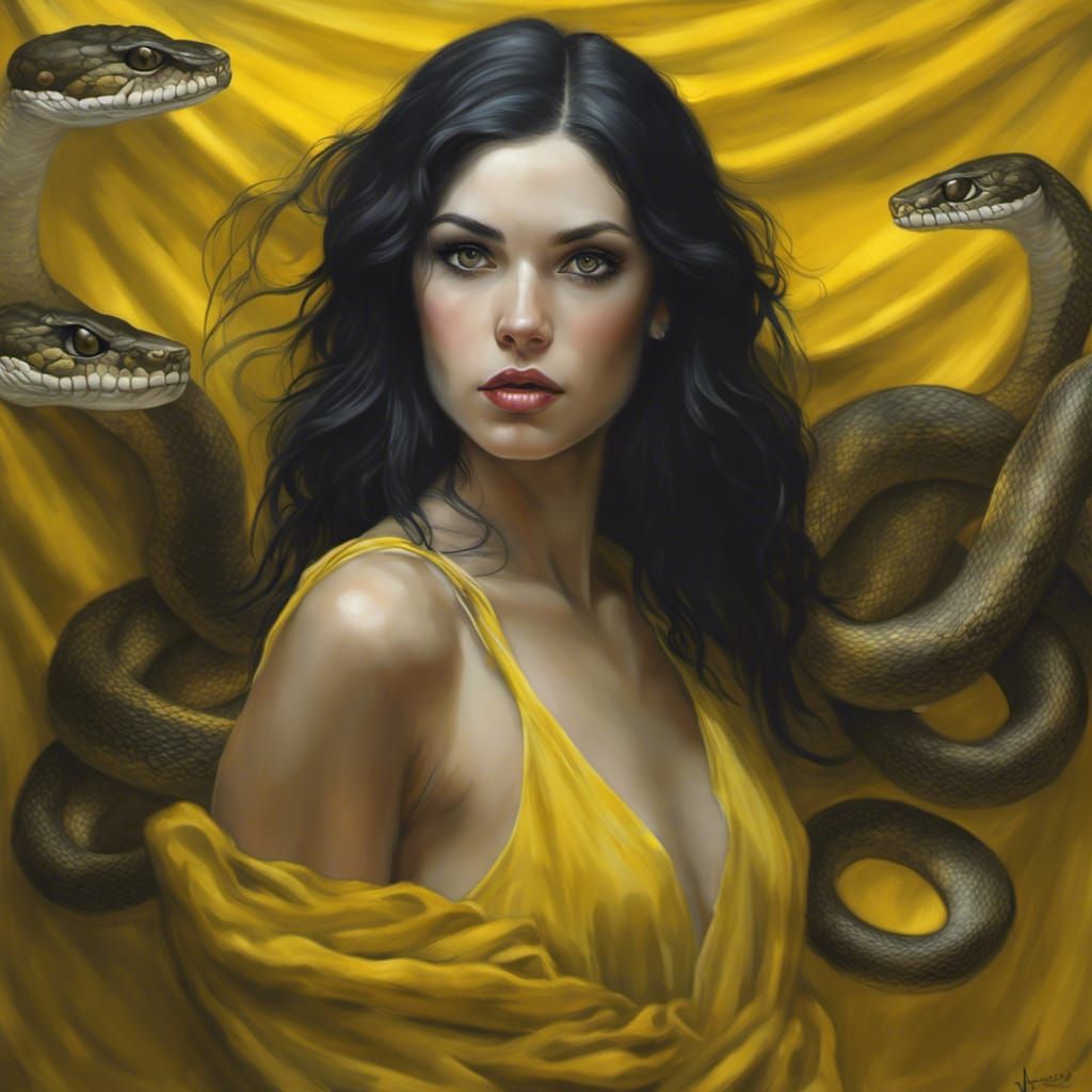 Dark-Haired Woman with Rattlesnake in Chromolithograph Style