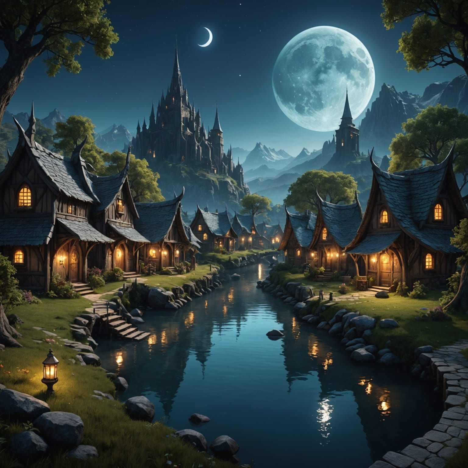 Moonlit Elven Village: Detailed Matte Painting