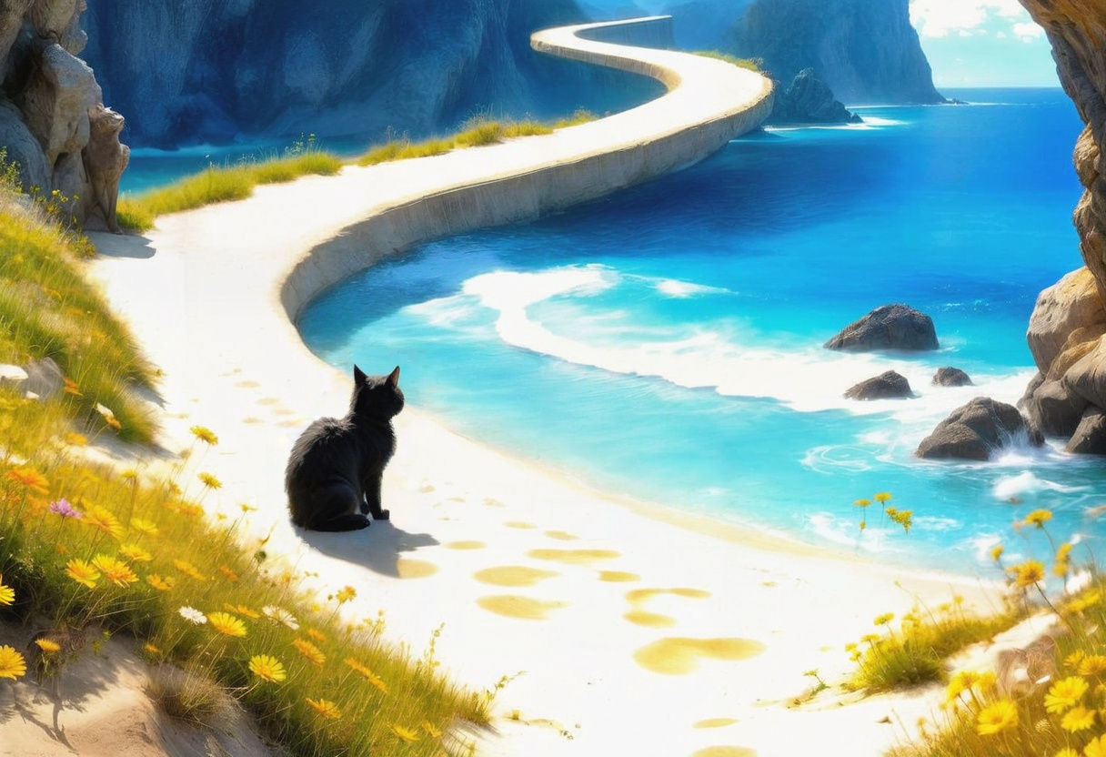 A Whimsical Cat Strolls Along a Sandy Beach with Wildflowers