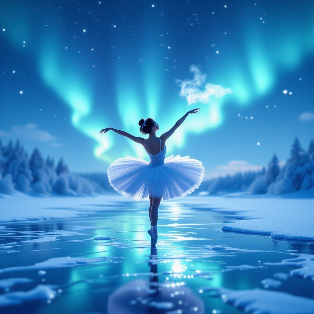 Ballerina's Frozen Dance Under Aurora Borealis