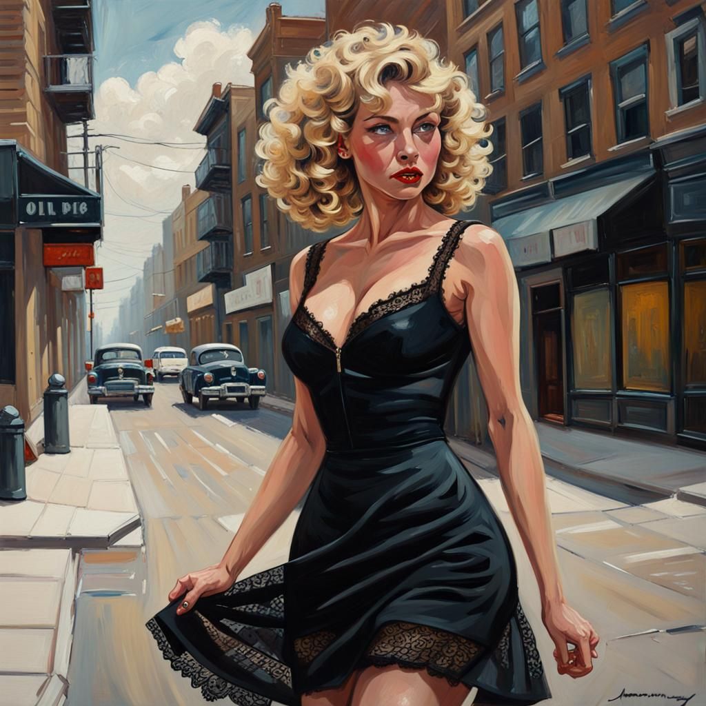 Blonde Pin-Up in Black Dress, Urban Oil Painting