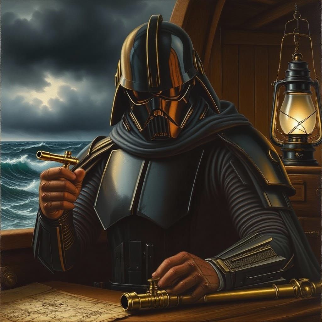 Lighthouse Keeper Polishing Telescope in Stormy Seas