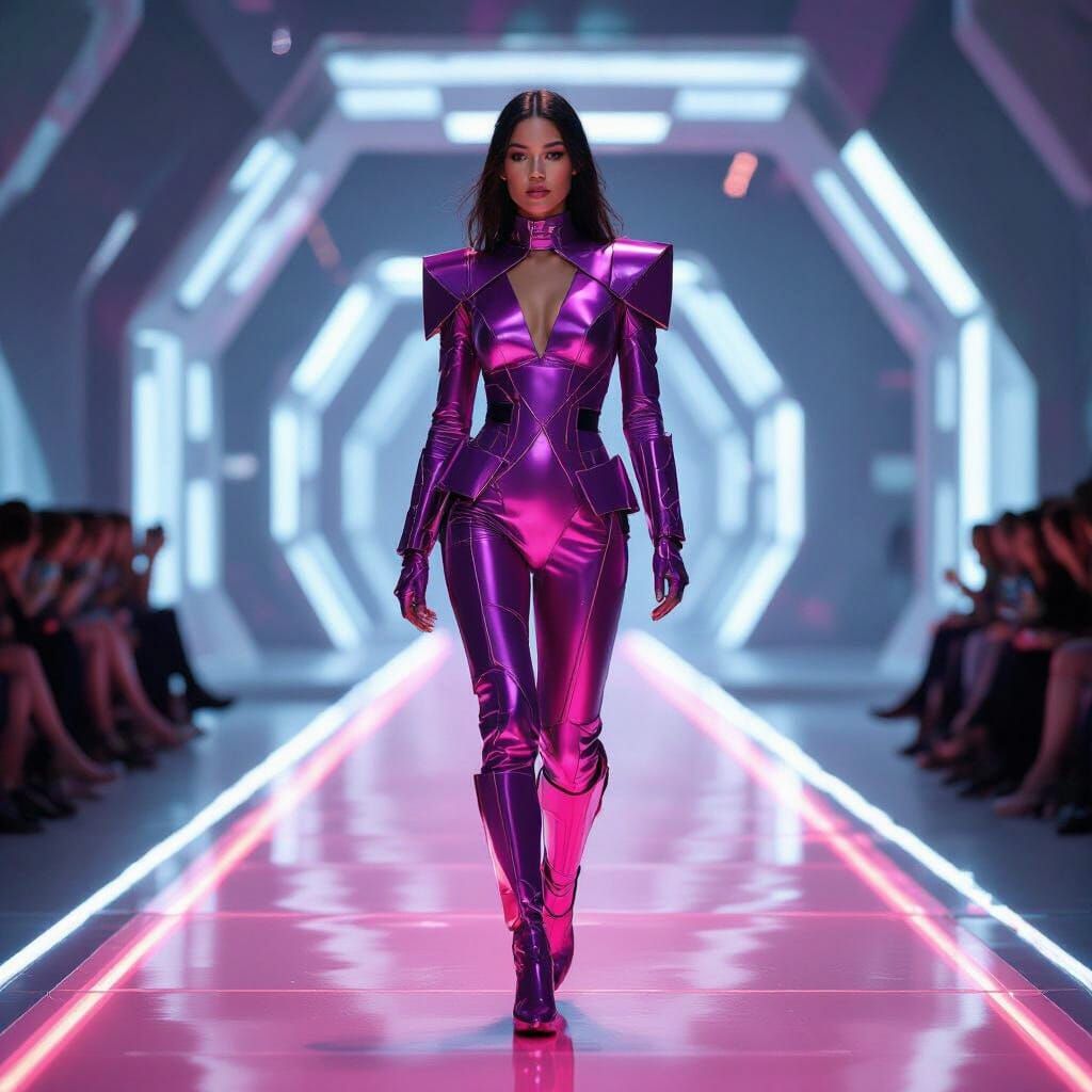 Futuristic Metallic Body Art on Neon Runway
