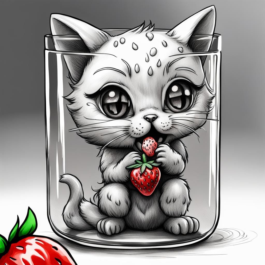 Charming Chibi Glass Cat Eats Strawberry, Charcoal Drawing