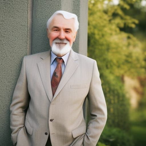 Happy Old Man in Beige Suit Leaning Over Wall