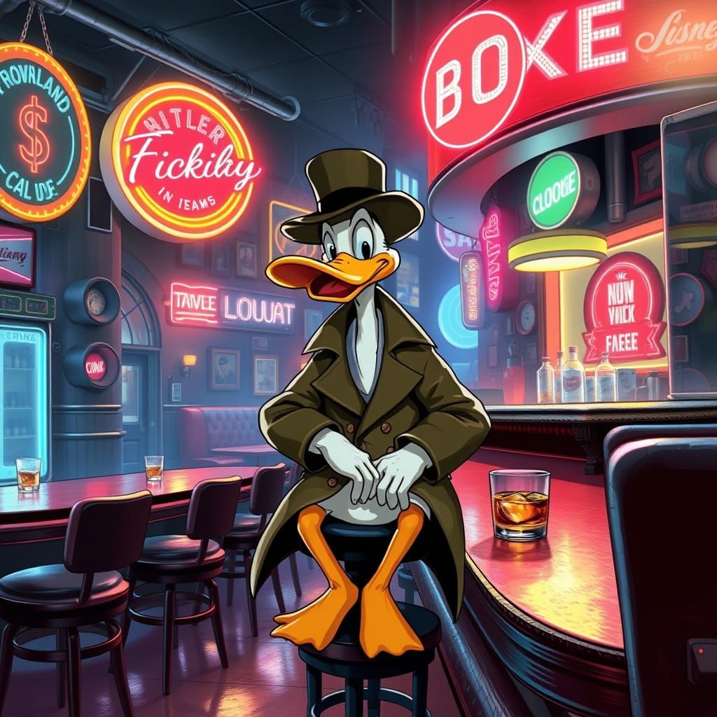 Futuristic Howard the Duck at a Retro Bar