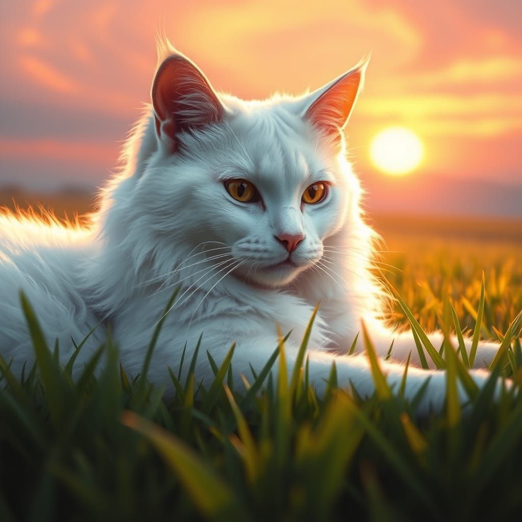 Serene White Cat in Sunrise Glow