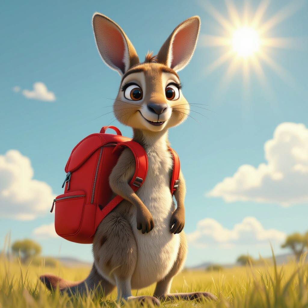 Kangaroo With Red Backpack in Pixar Animation Style