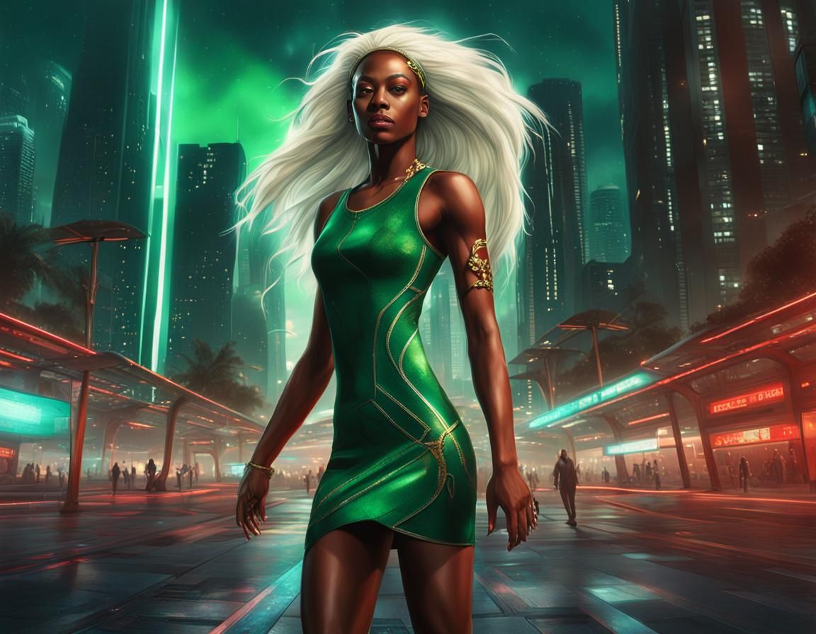 Futuristic Woman with White Hair in Cityscape