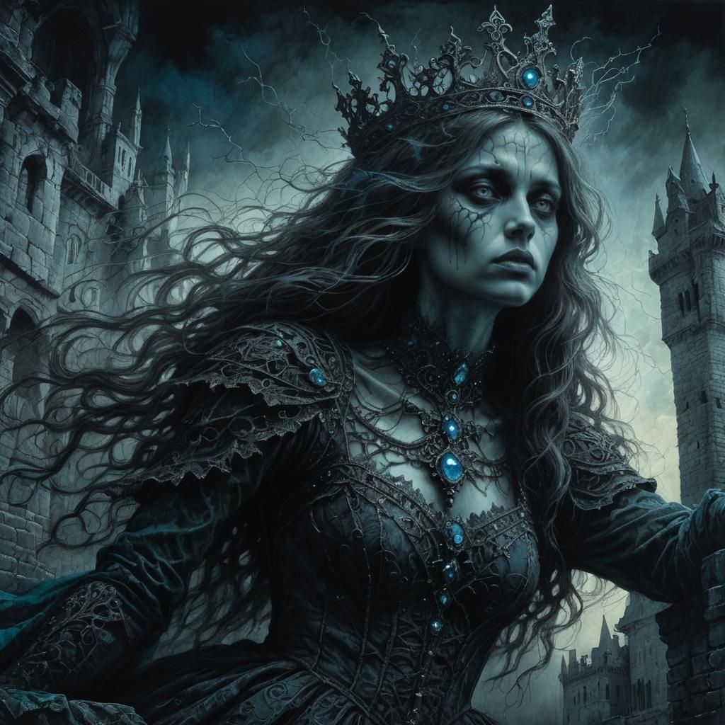 Intricate Princessa: A Dark Charcoal Drawing