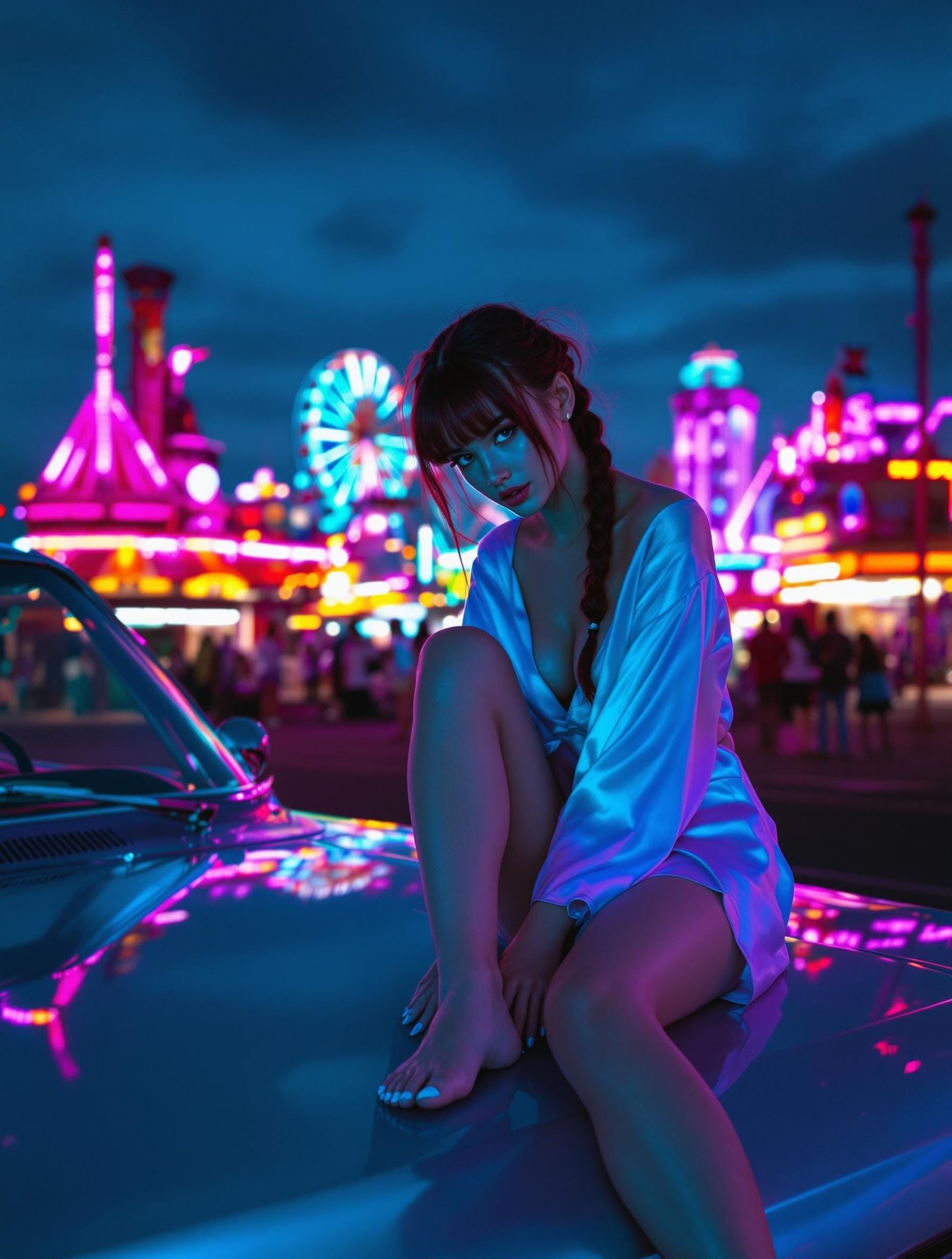 Girl Paints Toenails Under Retro-Futuristic Carnival Lights