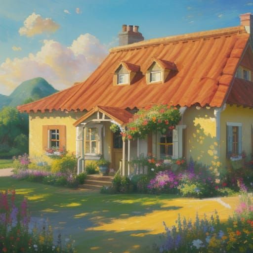 Impressionist Cottage in Sunny Landscape Painting
