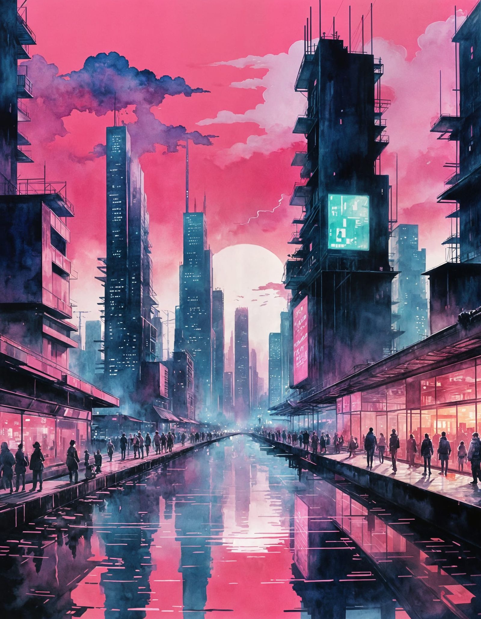 Cyberpunk Cityscape: Watercolor Contrast