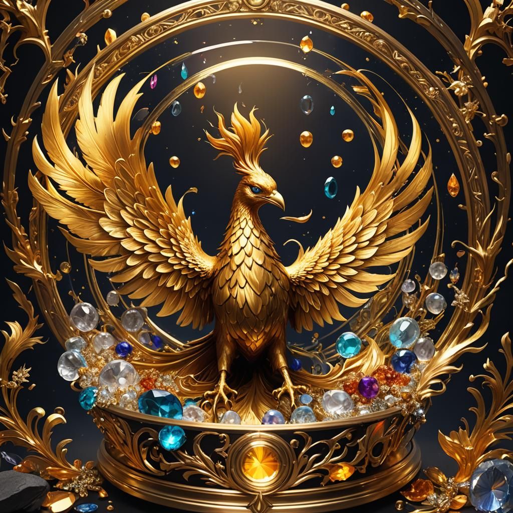 Golden Phoenix in Jewelry Box: Digital Art