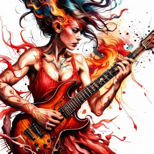 Fiery Devil Guitarist in Hyperreal Fantasy