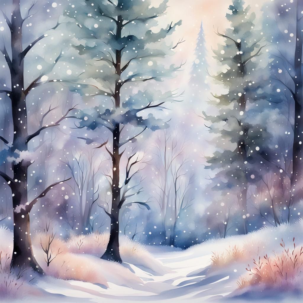 Winter Forest in Watercolor Style