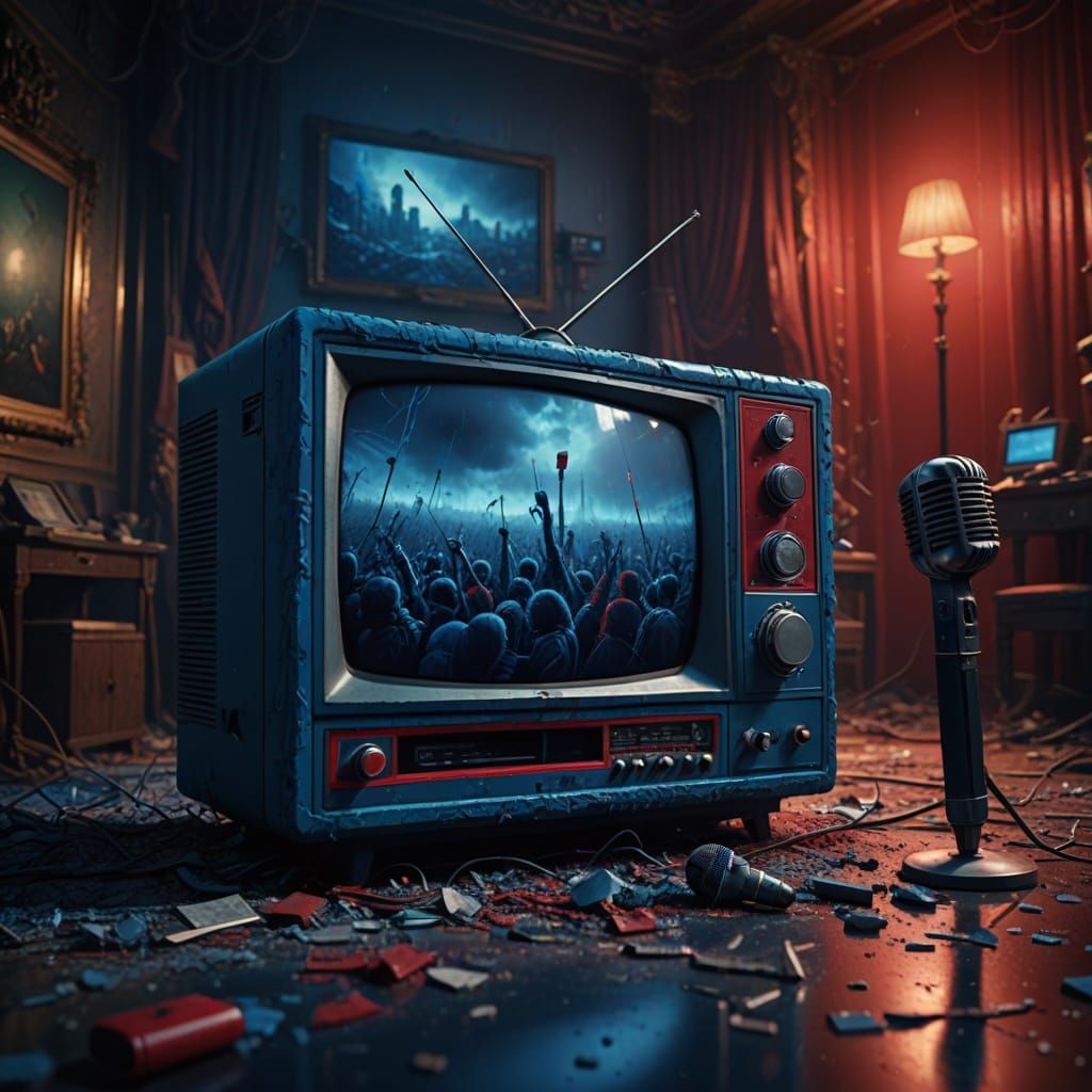 Broken Blue TV with Red Microphone: Digital Matte Painting