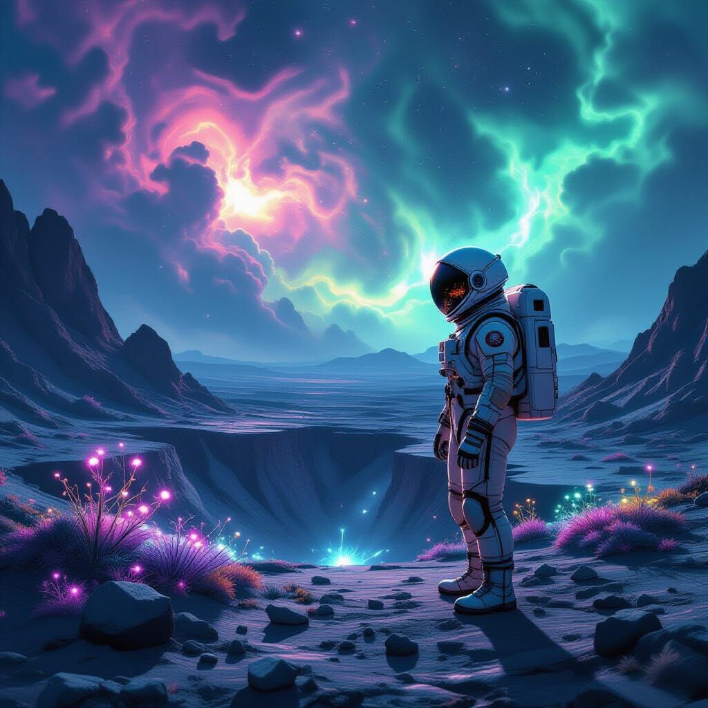 Astronaut on Alien Planet with Bioluminescent Flora