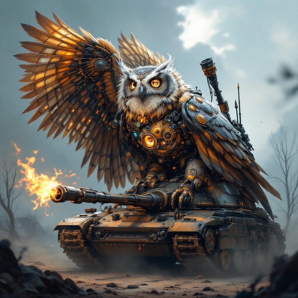 Viking Steam Punk Owl Conquers Battlefield Tank