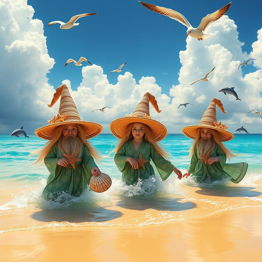 Gnome Women Frolic in Surreal Turquoise Ocean