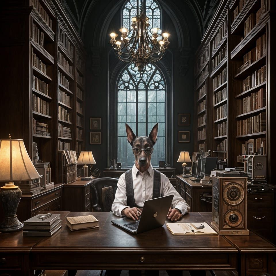 Doberman in Dark Academia Office Setting