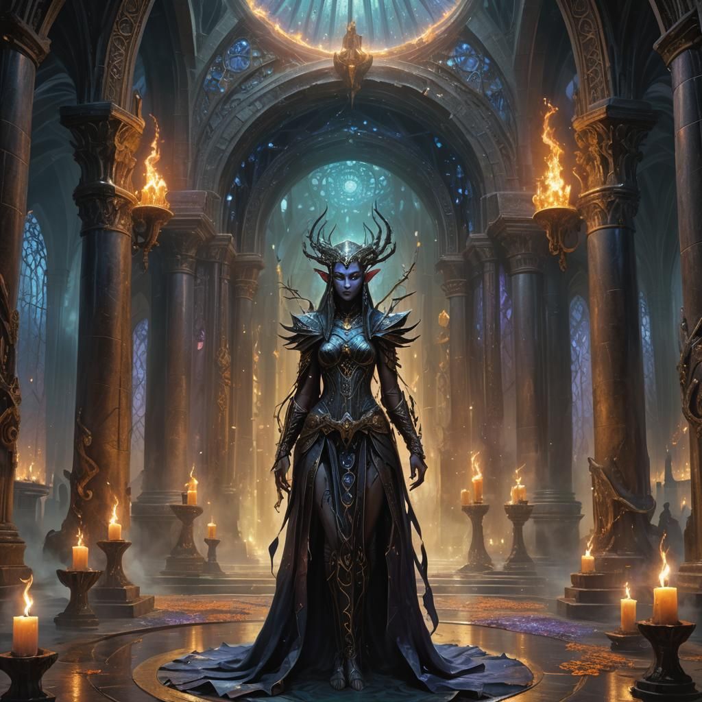Dark Elf Priestess in a Cyberpunk Gothic Temple