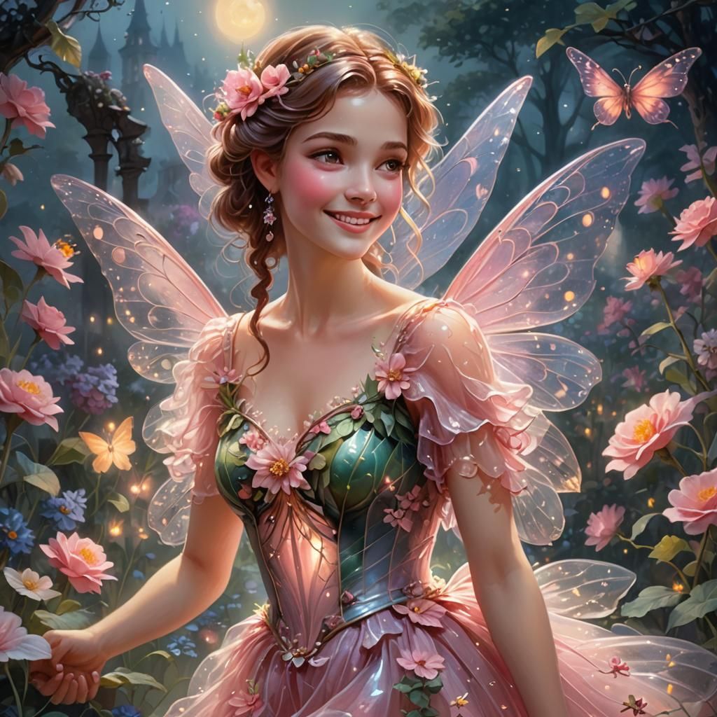 Smiling Fairy in Night Floral Garden: Fantasy Art