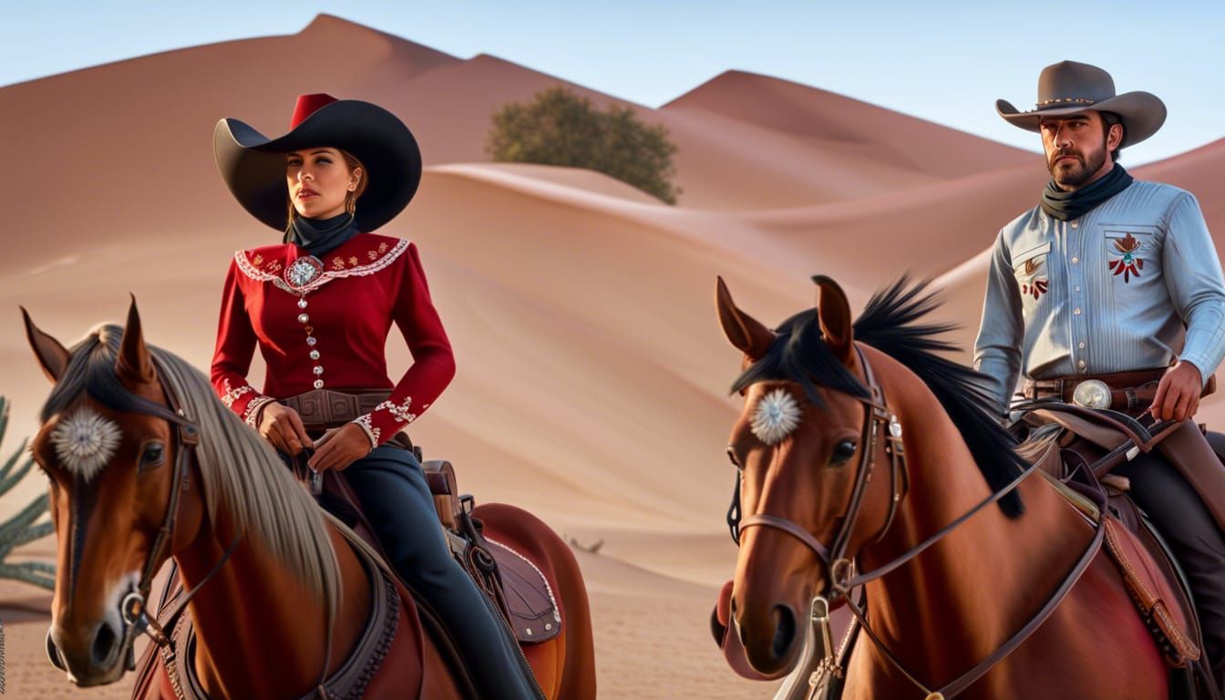 Cowboy and Cowgirl Ride Horses in Desert