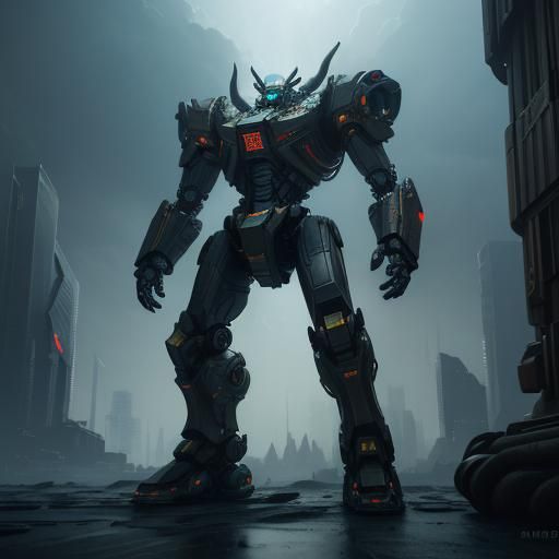 Cyberpunk Minotaur Sculpture in Smoky Cityscape