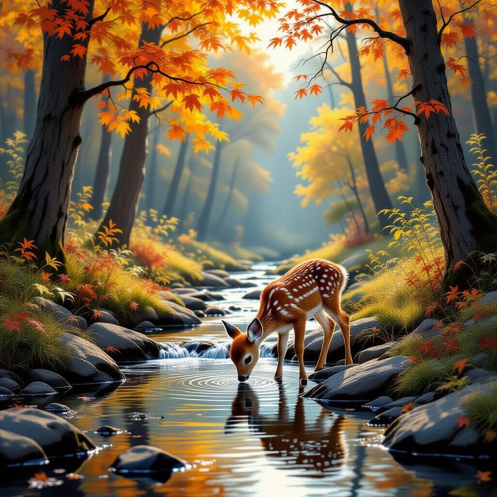 Autumn Oak Forest Scene with Fawn and Stream